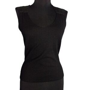 WHBM S Tank Top Shell Black Sleeveless Sweater Knit Pleated Silk Shoulder Womens
